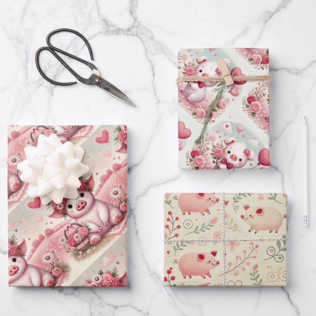 Whimsical Pig Valentines Day Wrapping Paper Sheet (Front)