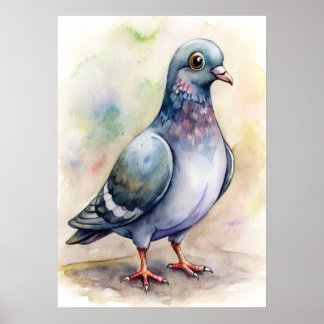 Whimsical Pigeon Watercolor,  Nature Illustration Poster