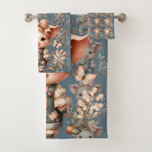 Whimsical Piglet in Pastel Overalls Blue Bath Towel Set
