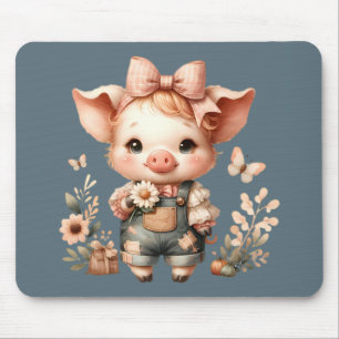 Whimsical Piglet in Pastel Overalls Blue Mouse Mat