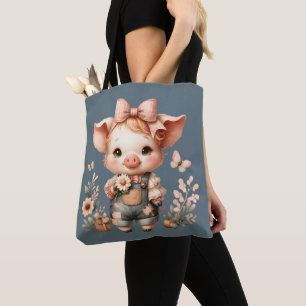 Whimsical Piglet in Pastel Overalls Blue Tote Bag