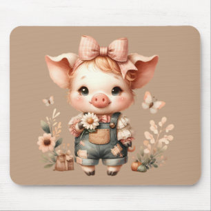 Whimsical Piglet in Pastel Overalls Brown Mouse Mat