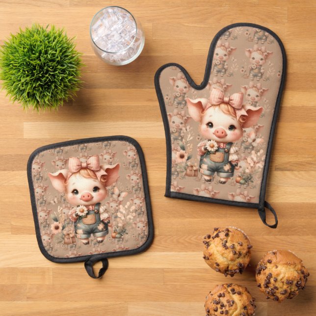 Whimsical Piglet in Pastel Overalls Brown Oven Mitt & Pot Holder Set (Top Down)