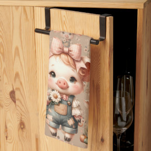 Whimsical Piglet in Pastel Overalls Brown Tea Towel
