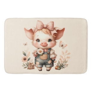 Whimsical Piglet in Pastel Overalls Peach Bath Mat