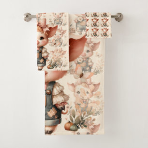 Whimsical Piglet in Pastel Overalls Peach Bath Towel Set