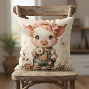 Whimsical Piglet in Pastel Overalls Peach Cushion