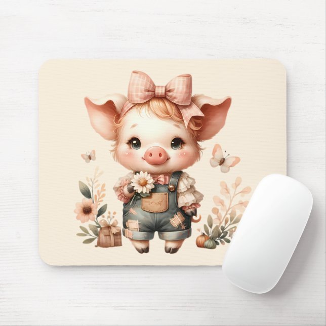 Whimsical Piglet in Pastel Overalls Peach Mouse Mat (With Mouse)