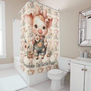 Whimsical Piglet in Pastel Overalls Shower Curtain