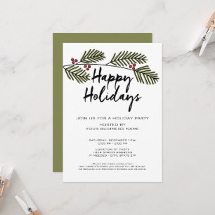 Whimsical Pine Branch Rustic Script Holiday Party Invitation