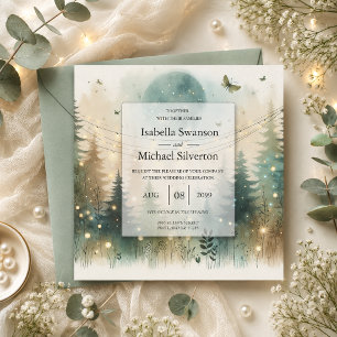 Whimsical Pine Forest Fairy Lights Wedding Invitation