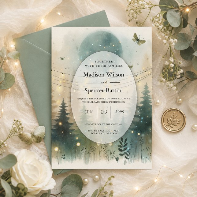 Whimsical Pine Forest Fairy Lights Wedding Invitation (Creator Uploaded)