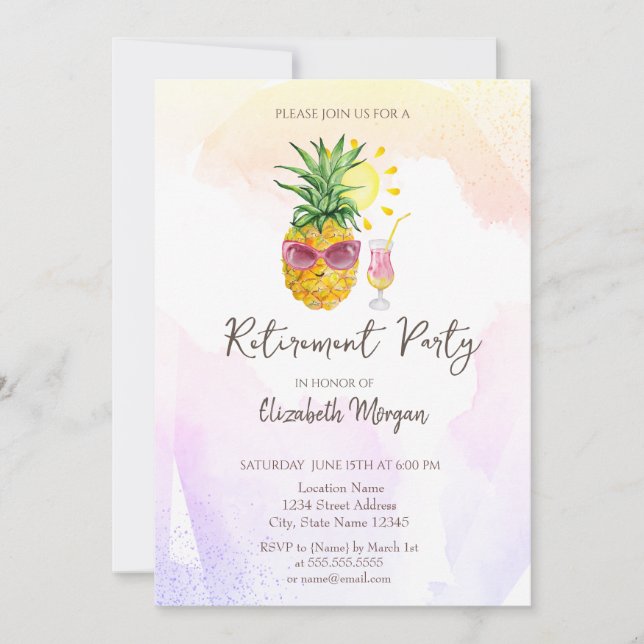 Whimsical Pineapple Cocktai Retirement  Invitation (Front)