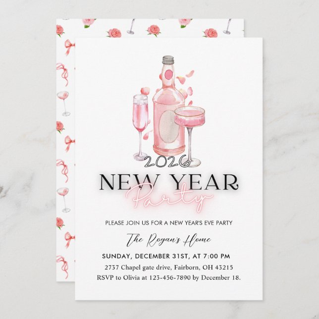 Whimsical Pink 2026 New Year Party Invitation (Front/Back)