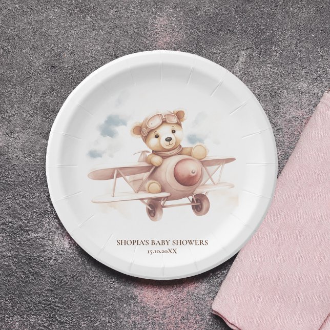 Whimsical Pink Aeroplane Adventure Baby Shower Paper Plate (Creator Uploaded)