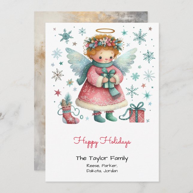 Whimsical Pink and Blue Angel Happy Holiday Card (Front/Back)