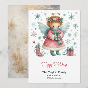 Whimsical Pink and Blue Angel Happy Holiday Card