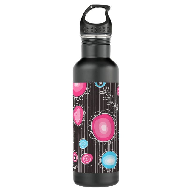 Whimsical pink and blue hearts and flowers floral 710 ml water bottle (Front)