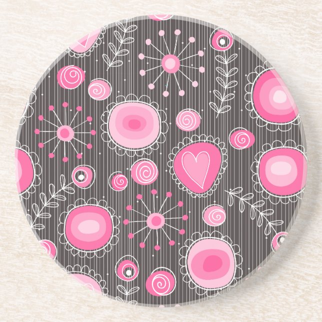 Whimsical pink and blue hearts and flowers floral coaster (Front)