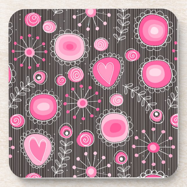 Whimsical pink and blue hearts and flowers floral coaster (Front)