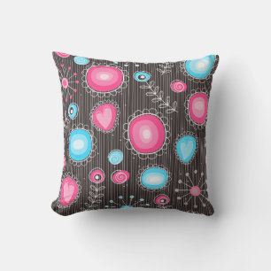 Whimsical pink and blue hearts and flowers floral cushion