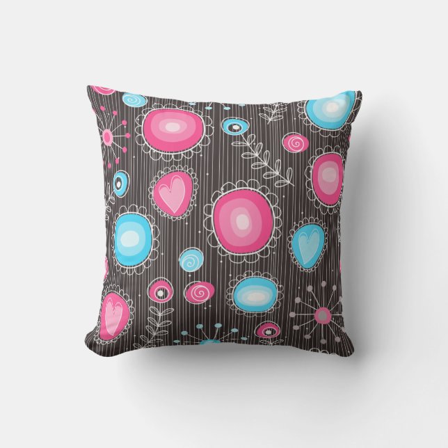 Whimsical pink and blue hearts and flowers floral cushion (Front)