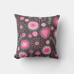Whimsical pink and blue hearts and flowers floral cushion