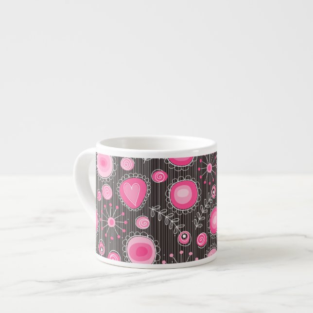 Whimsical pink and blue hearts and flowers floral espresso cup (Front Left)