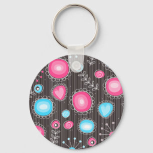 Whimsical pink and blue hearts and flowers floral key ring
