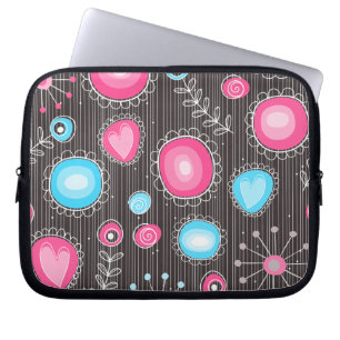 Whimsical pink and blue hearts and flowers floral laptop sleeve