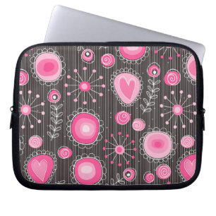Whimsical pink and blue hearts and flowers floral laptop sleeve