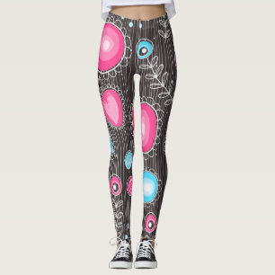 Whimsical pink and blue hearts and flowers floral leggings