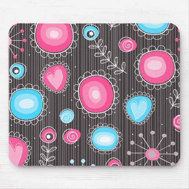 Whimsical pink and blue hearts and flowers floral mouse mat (Front)