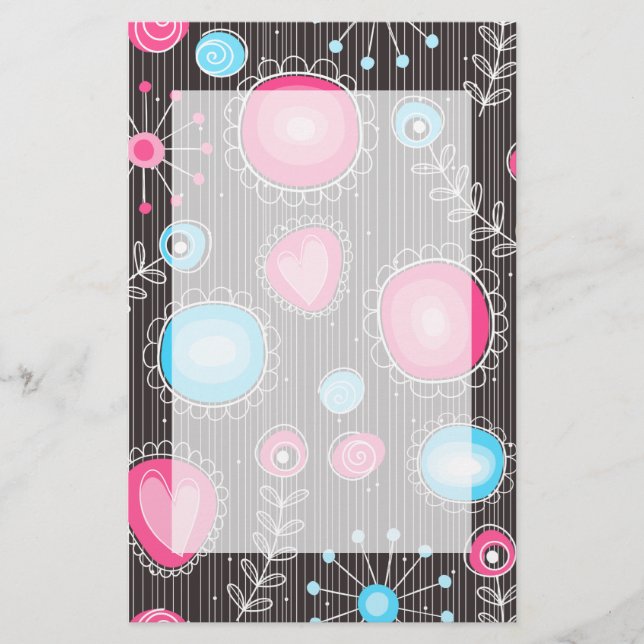 Whimsical pink and blue hearts and flowers floral stationery (Front)