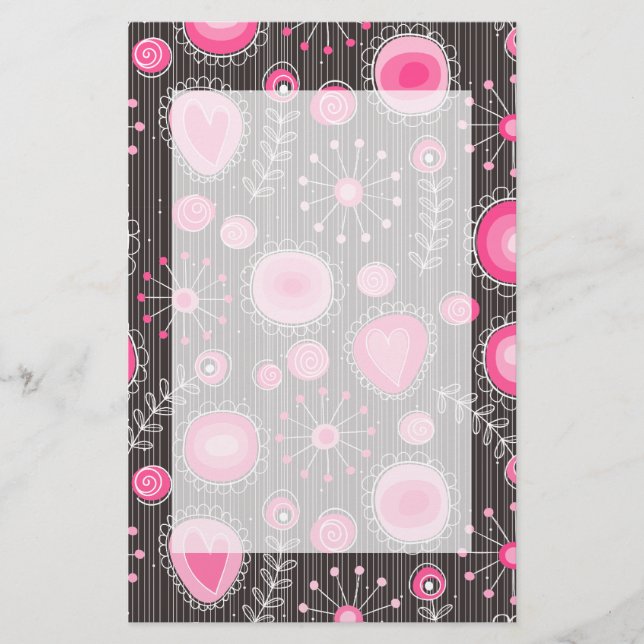 Whimsical pink and blue hearts and flowers floral stationery (Front)