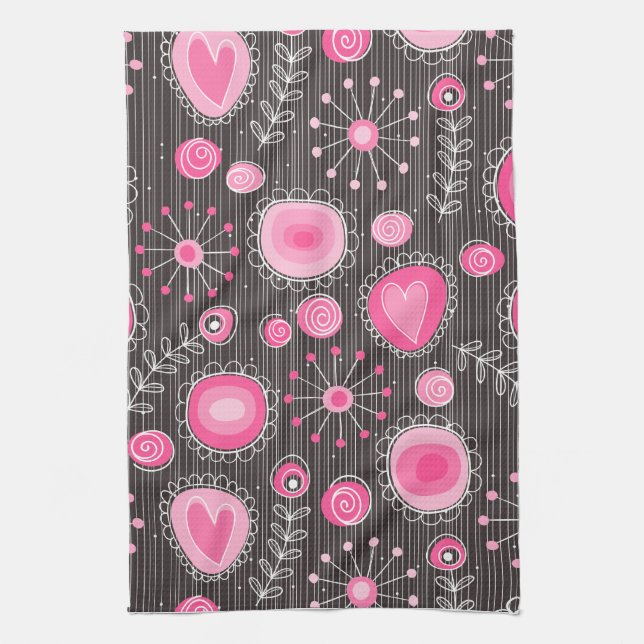 Whimsical pink and blue hearts and flowers floral tea towel (Vertical)