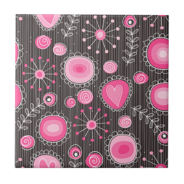 Whimsical pink and blue hearts and flowers floral tile (Front)