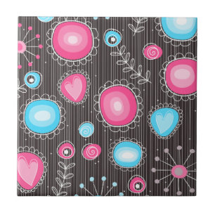 Whimsical pink and blue hearts and flowers floral tile