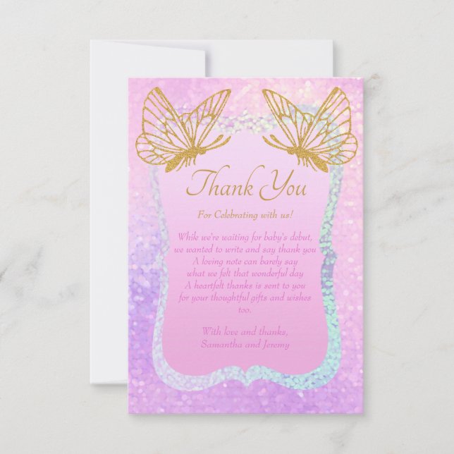 Whimsical Pink and Gold Baby Shower Thank You Card (Front)