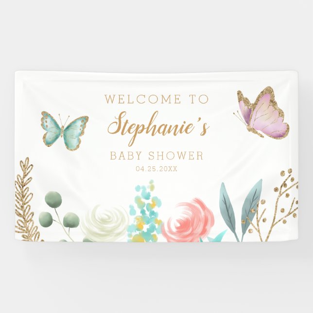 Whimsical Pink and Gold Butterfly Baby Shower Banner (Horizontal)