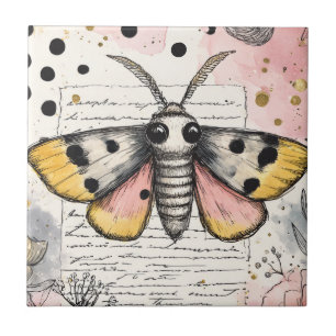 Whimsical Pink and Gold Moth Tile