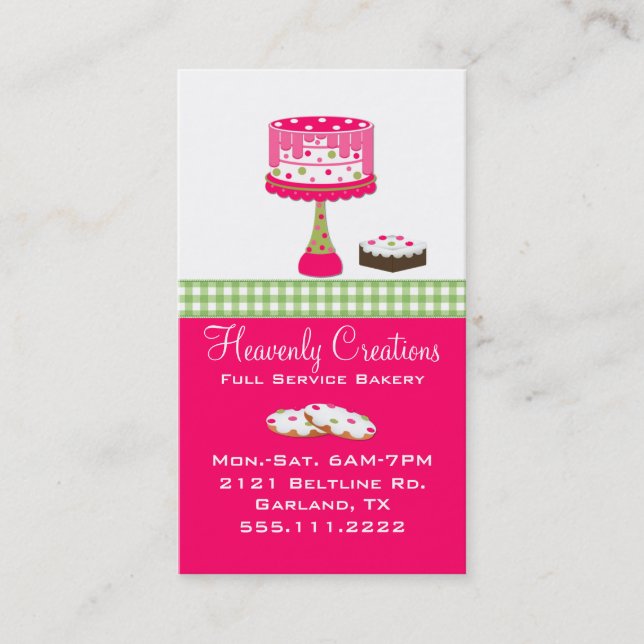 Whimsical Pink and Green Bakery Business Card (Front)