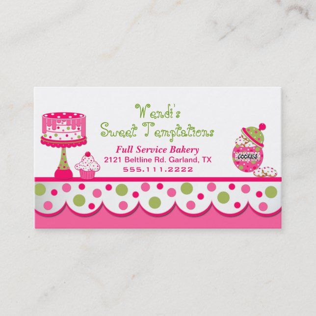 Whimsical Pink and Green Bakery Business Card (Front)