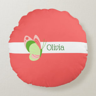 Whimsical Pink and Green Butterfly   Round Cushion