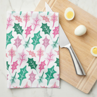 Whimsical Pink and Green Christmas Holly Leaves Tea Towel