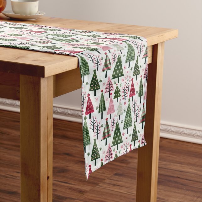Whimsical Pink and Green Christmas Trees  Long Table Runner (In Situ)