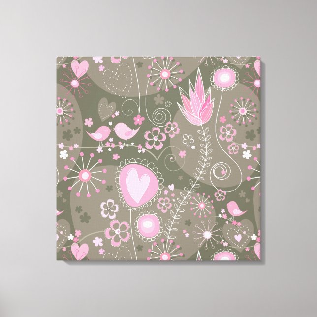 Whimsical Pink and Grey Hearts, Birds and Flowers  Canvas Print (Front)