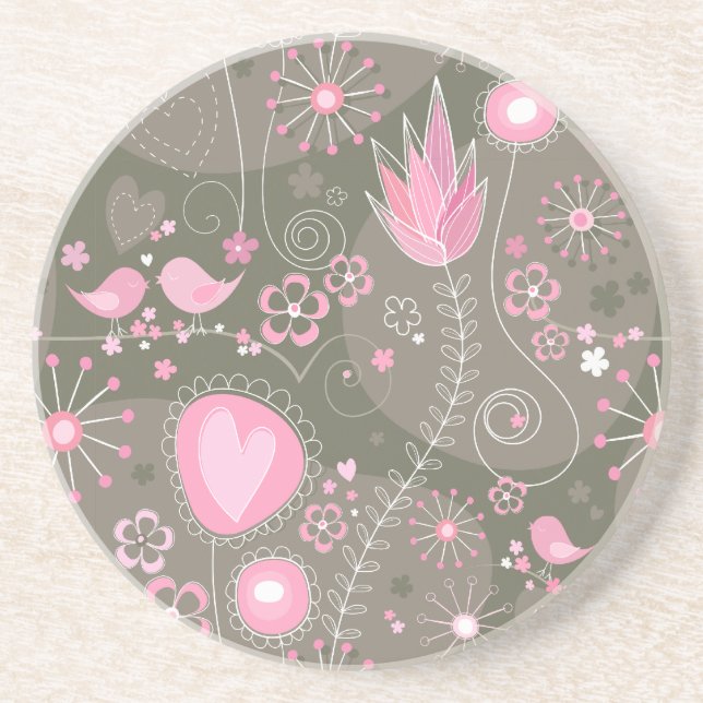 Whimsical Pink and Grey Hearts, Birds and Flowers  Coaster (Front)