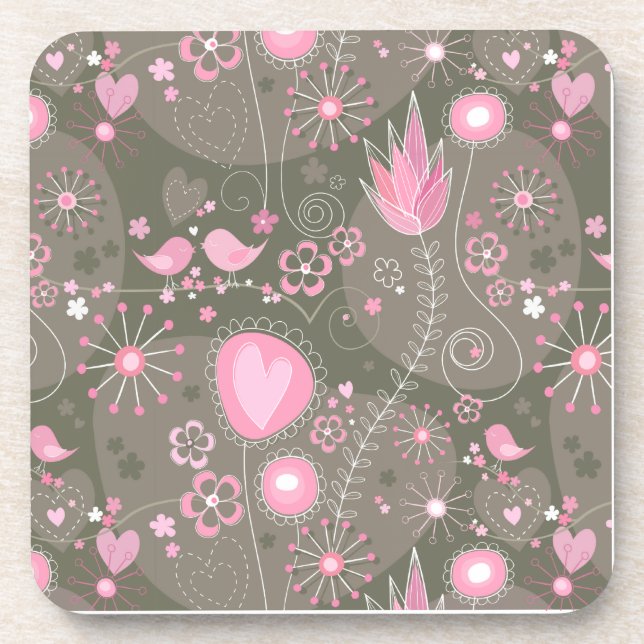 Whimsical Pink and Grey Hearts, Birds and Flowers  Coaster (Front)