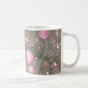 Whimsical Pink and Grey Hearts, Birds and Flowers  Coffee Mug